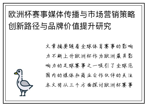 欧洲杯赛事媒体传播与市场营销策略创新路径与品牌价值提升研究