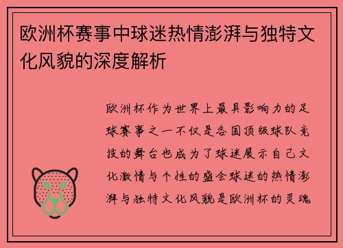 欧洲杯赛事中球迷热情澎湃与独特文化风貌的深度解析
